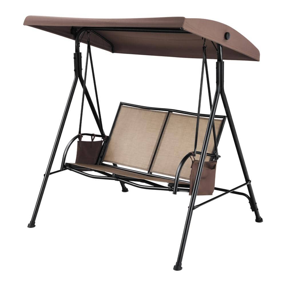 Costway 2Seat Patio Porch Swing with Adjustable Canopy Storage Pockets in Brown NP10089CF The