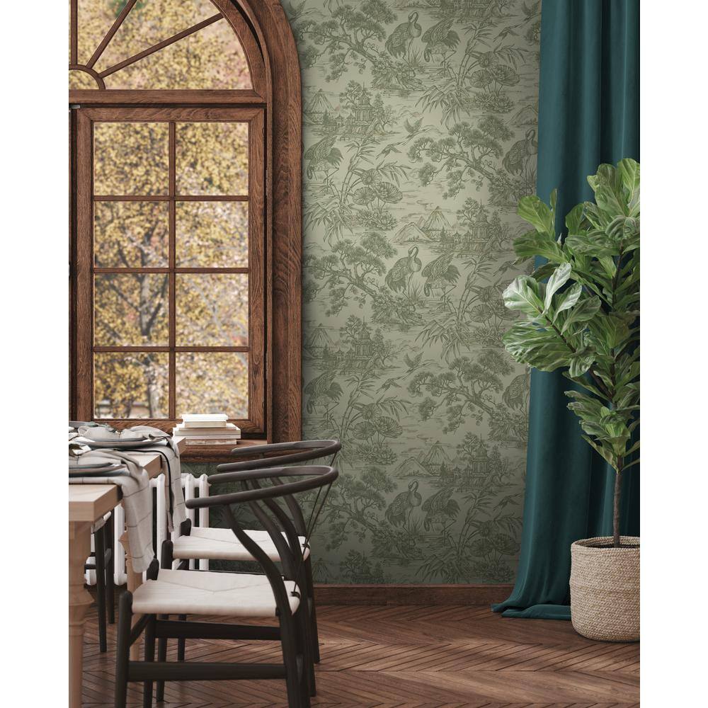 Green Majestic Crane Tropical Print Textured Wallpaper