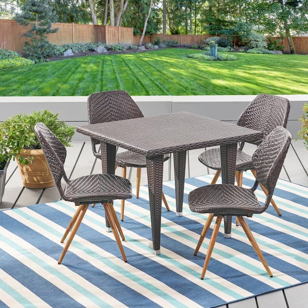 Noble House Cadlao Multi-Brown 5-Piece Faux Rattan Outdoor Dining Set