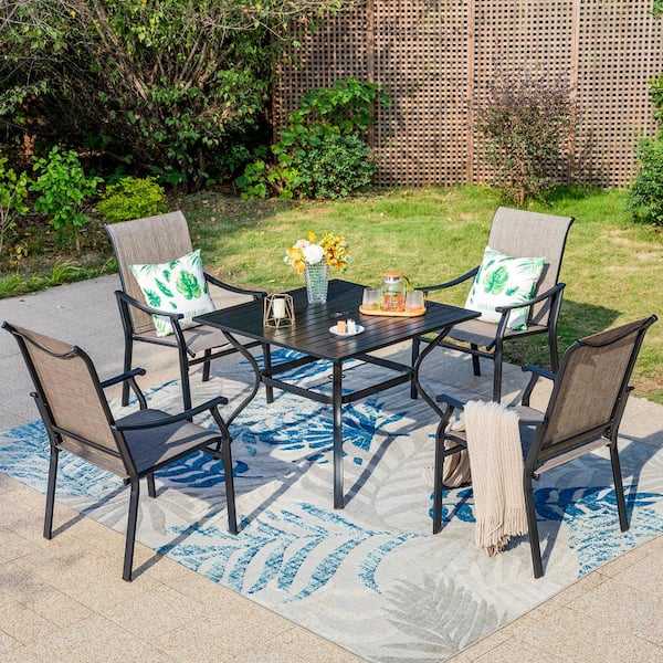 PHI VILLA Black 5-Piece Metal Slat Square Table Patio Outdoor Dining Set with Textilene Chairs