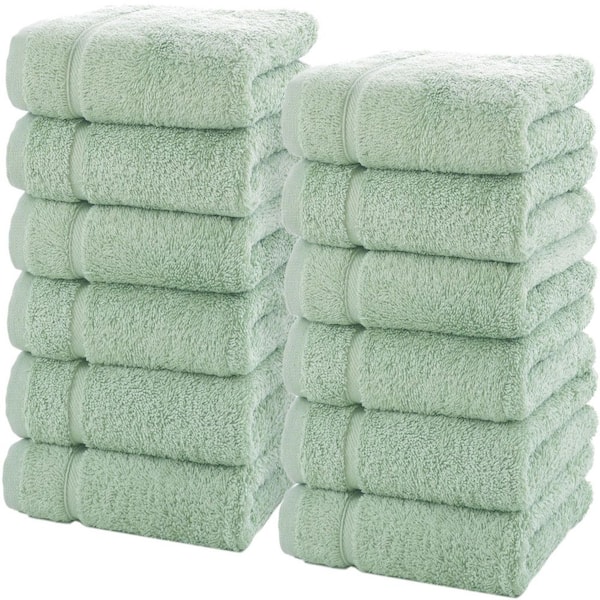 Hawmam Linen 12-Piece Light Green Luxury Cotton Washcloths 13 x 13 -Hotel Spa Small Bath Towel Set