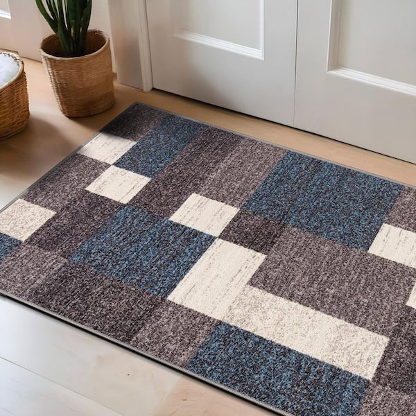 Geometric Boxes Design Non-Slip (Non-Skid) Blue 2 ft. 7 in.  x 4 ft.  Indoor Area Rug