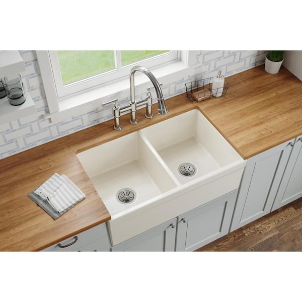 Elkay Farmhouse Fireclay 33 In 50 50 Double Bowl Kitchen Sink Biscuit Swuf32189bi The Home Depot