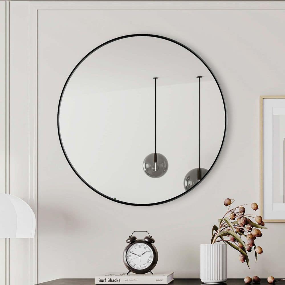 Black 28 in W x 28 in. H Modern Minimalist Round Framed Wall Mirror, Vanity