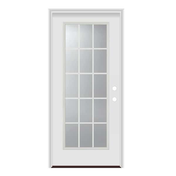 32 in. x 80 in. Left-Hand/Inswing Full Lite 15 Lite Clear Glass Insert Smooth Fiberglass Prehung Door with PVC Frame