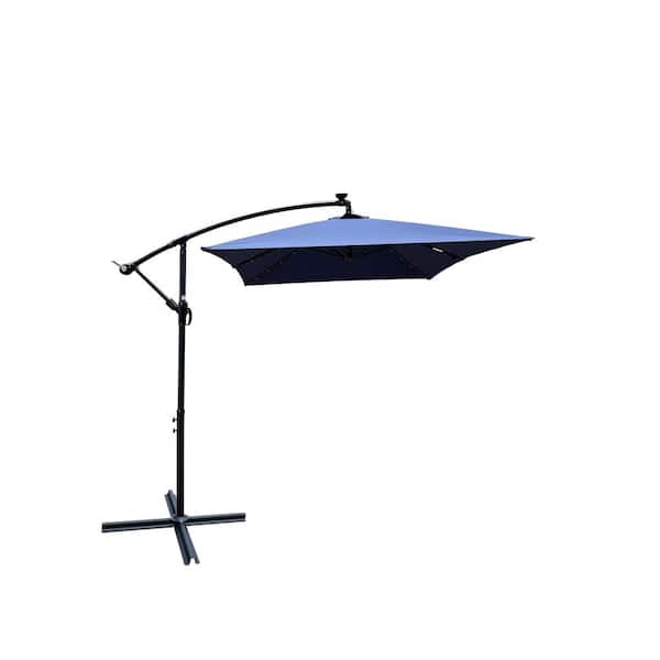 Sudzendf 10 ft. x 6.5 ft. Market Solar Powered LED Lighted Patio Umbrella in Navy Blue with 8 Ribs, Crank, and Cross Base