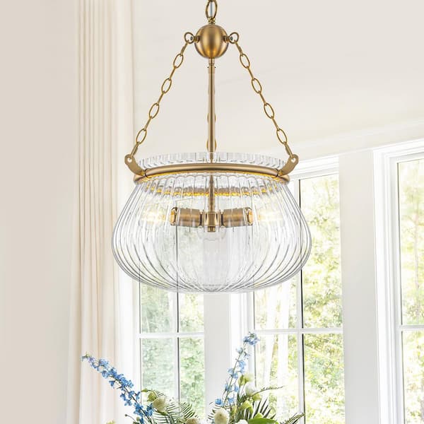 17 in. 3-Light Matte Brass Pendant Light Chandelier with Clear Ribbed Glass Shade