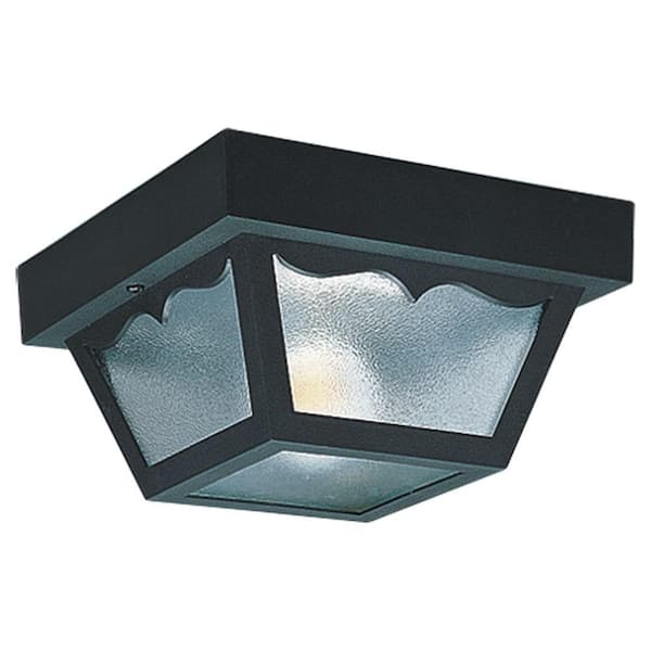 Outdoor Ceiling 1-Light 8.25 in. W Black Plastic Square Flush Mount Ceiling Fixture with Clear Textured Glass Shade