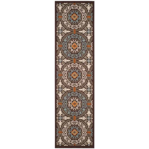 Veranda Chocolate/Aqua 2 ft. x 14 ft. Border Geometric Indoor/Outdoor Runner Rug