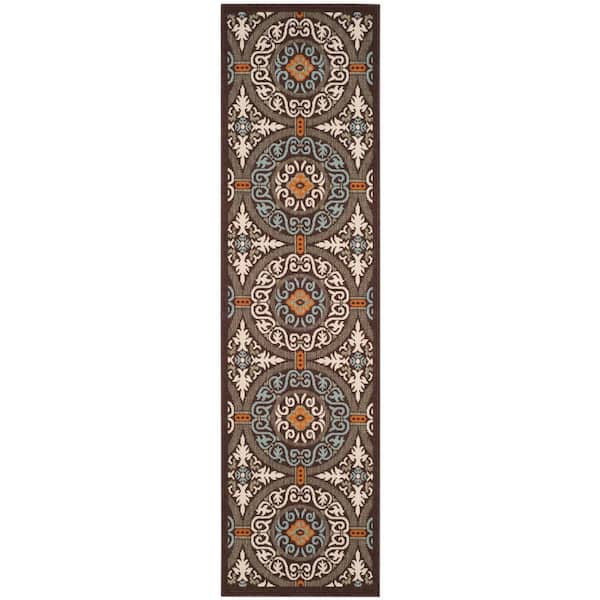 Veranda Chocolate/Aqua 2 ft. x 5 ft. Border Geometric Indoor/Outdoor Runner Rug