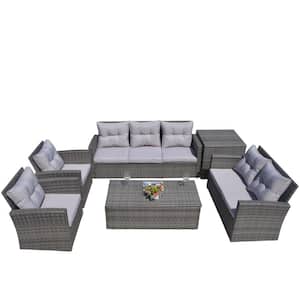 NANA Gary 6-Piece Wicker Patio Conversation Set with Gray Cushions and Storage Box