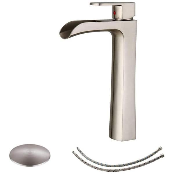 BWE Waterfall Single Hole Single-Handle Vessel Sink Faucet with Pop Up Drain without Overflow in Brushed Nickel