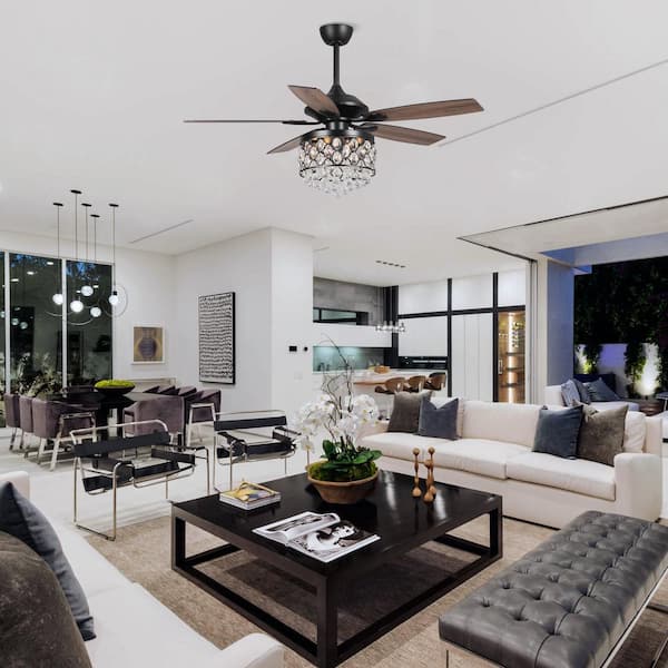 52 in. Indoor Black 4-Light Crystal Ceiling Fan with Light Kit Remote Control Included