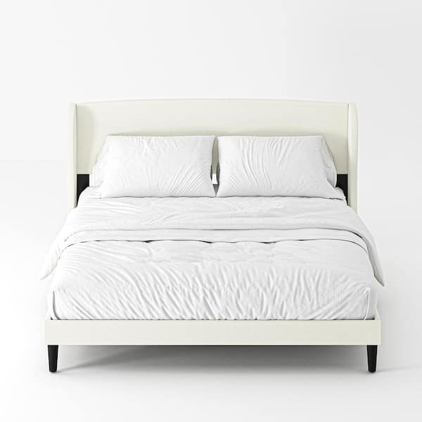 JAYDEN CREATION Eckhard White Upholstered Wood Frame Wingback King Platform Bed with Tapered Legs