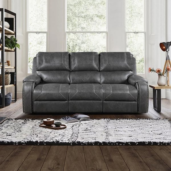 Logansport 87 in. W Pillow Top Arm Faux Leather Rectangle 2-Piece Manual Double Reclining Sofa Set in Gray