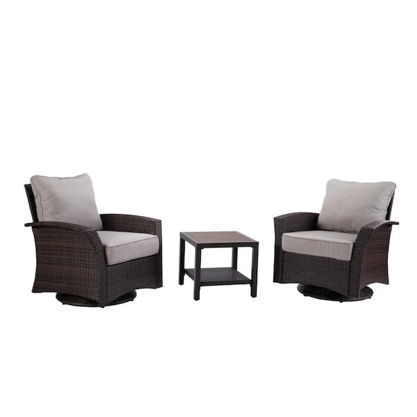 Unbranded Williamsport Brown 3-Piece Wicker Outdoor Swivel Bistro Set with Gray Cushions