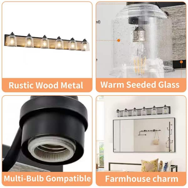 48.5 in. 6-Light Farmhouse Vanity Light Fixture Wall Sconce with Seeded Glass Shades,Rustic Black,Wood Backplate,No Bulb