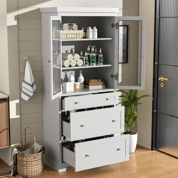 Y u 30 in. D x 15.7 in. W x 70.1 in. H White Linen Cabinet with 2
