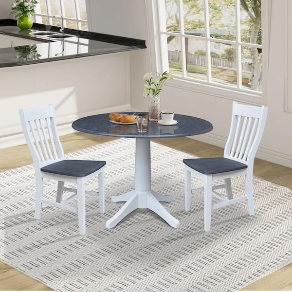 International Concepts 3-Piece White/Heather Gray Kayla 42 in. Solid Wood Drop-leaf Pedestal Dining Table with 2 Gladys Dining Chairs Seats 2