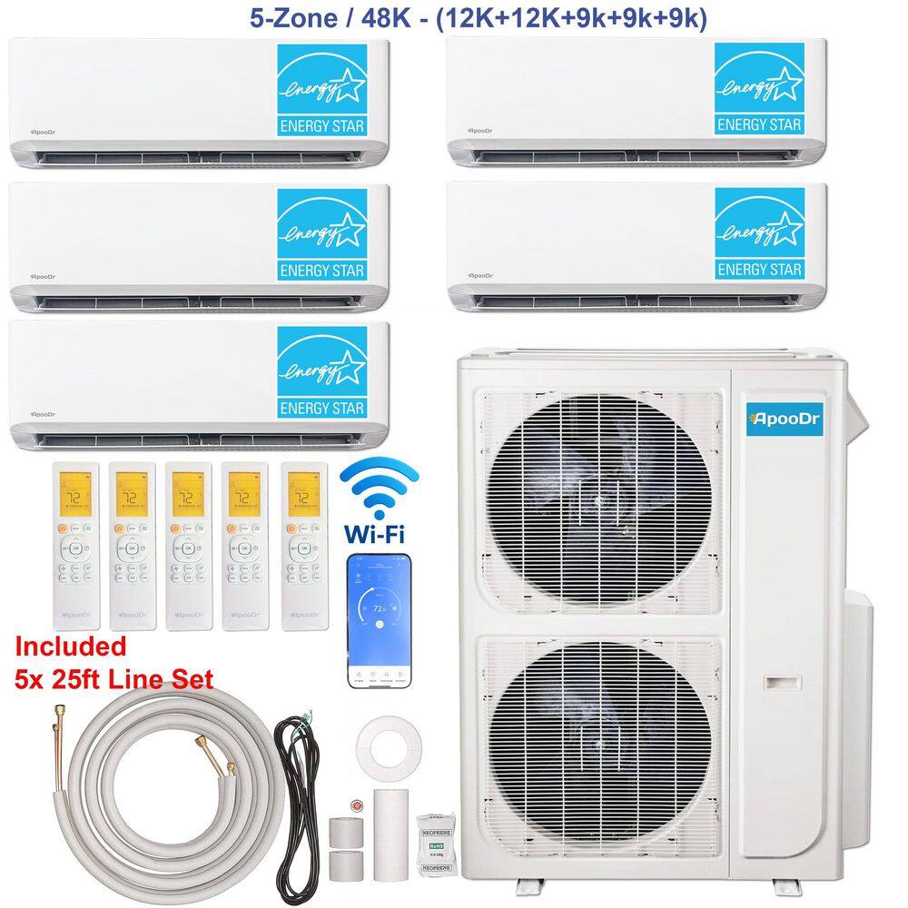 5-Zone ENERGY STAR Wi-Fi 48K BTU 230V 21 SEER2 Mini Split AC w/ Heat Pump +12K+12K+9K+9K+9K BTU Heads 25 ft. Lineset x 5 price history on PriceWatchPro