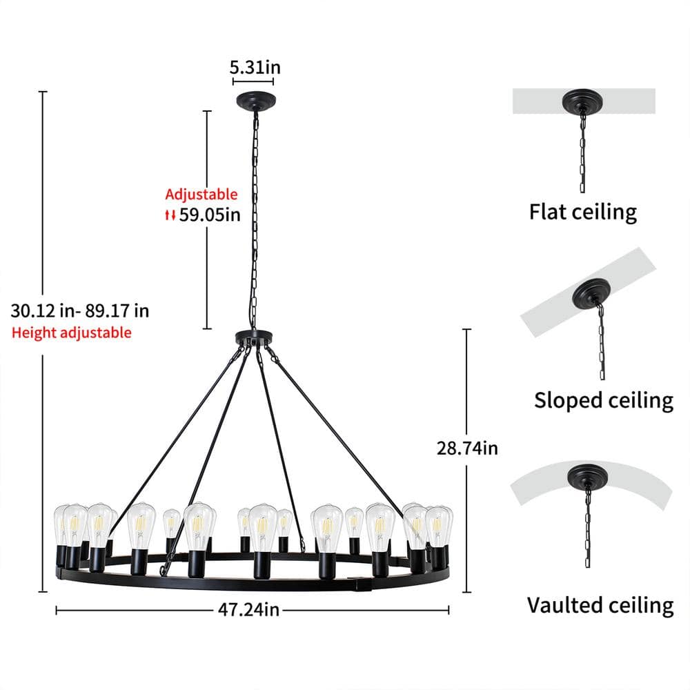 Extra Large Black Metal 24-Light Wagon Wheel Chandelier