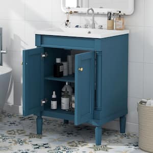 24 in. x 18 in. x 34 in. 2-Tier Bath Vanity Solid Wood Frame Freestanding Storage Cabinet in Blue with White Caremic Top