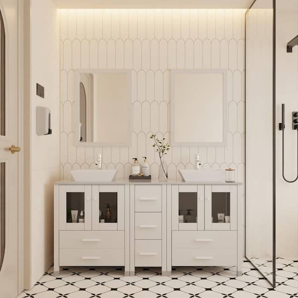 Wonline 60 in. Double Ceramic Square Vessel White Sinks Freestanding White Bath Vanity with White Solid Surface Top and Mirrors