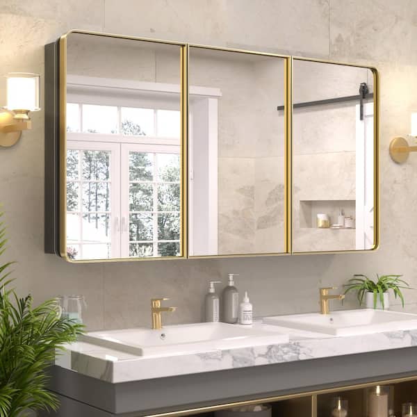 KeonJinn 60 in. W x 32 in. H Rectangular Brass Gold Stainless Steels  Framed Recessed/Surface Mount Medicine Cabinet with Mirror