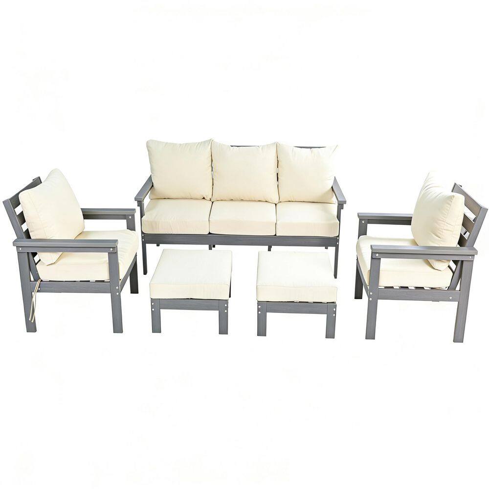 5-Piece Gray Plastic Outdoor Patio Conversation Set with Widened Back and Arm, Beige Cushions price history on PriceWatchPro