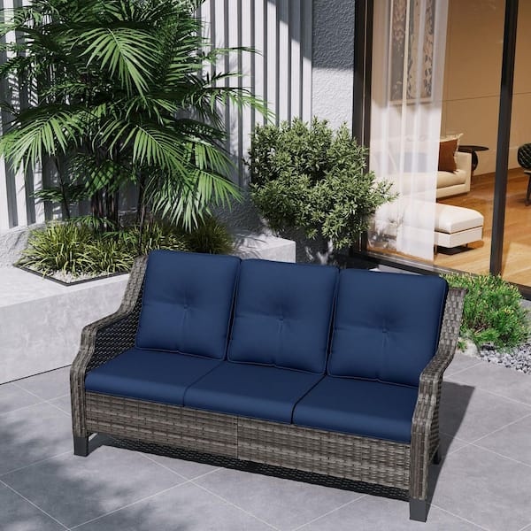 3-Seat Wicker Outdoor Patio Sofa Sectional Couch with Blue Cushions