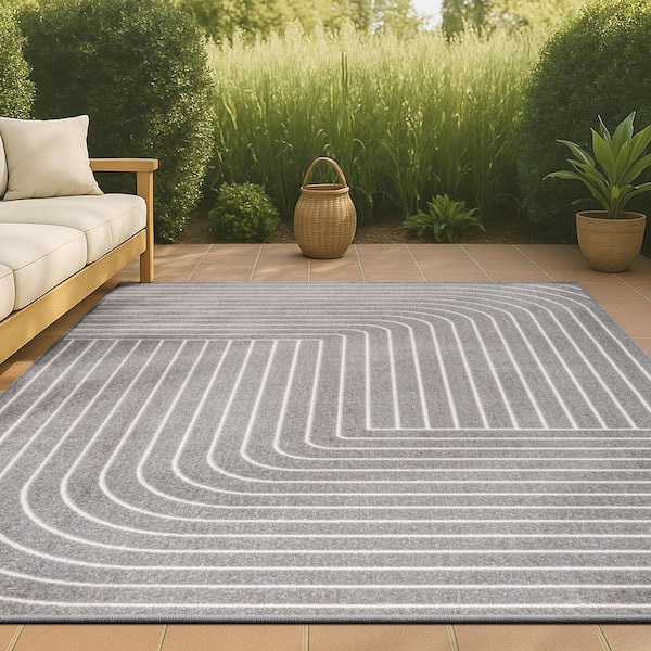 JONATHAN Y Odense High-Low Minimalist Angle Geometric Gray/Ivory 8 ft. x 10 ft. Indoor/Outdoor Area Rug