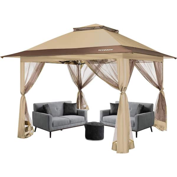 13 ft. x 13 ft. Khaki Pop Up Canopy Tent with Mosquito Netting, Center Lock, Storage Bag