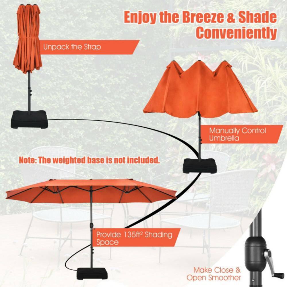 15ft Orange Double-Sided Steel Patio Umbrella with Hand Crank