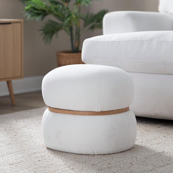 Lumisource Cinch Cream Fabric and Natural Wood Pouf Ottoman