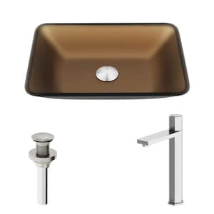 Amber Sottile Matte Shell Rectangular Glass Bathroom Vessel Sink with Nova Faucet and Pop-Up Drain in Brushed Nickel