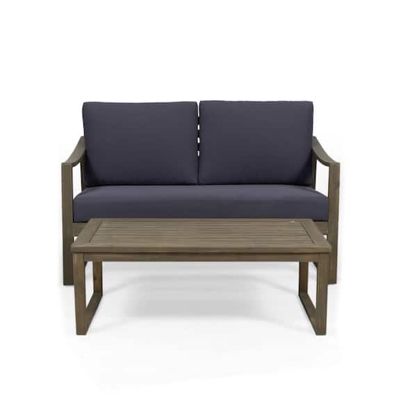 Noble House Barclay Gray Acacia Wood Outdoor Patio Loveseat and Table Set with Dark Gray Cushions