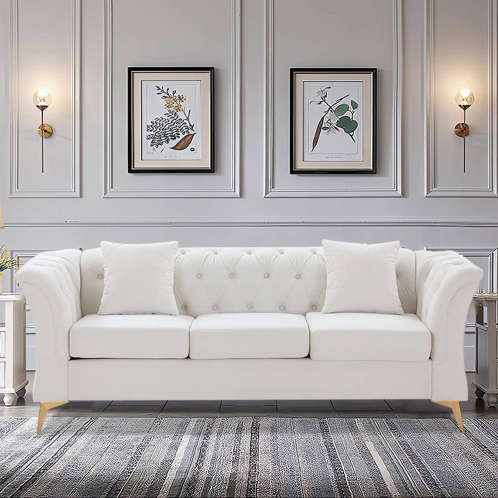 Modern 83.9 in. W Chesterfield Rolled Arms Fabric Straight Curved Sofa 3-Seat Button Loveseat with Metal Legs in Beige