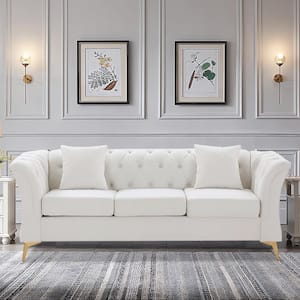 Modern 83.9 in. W Chesterfield Rolled Arms Fabric Straight Curved Sofa 3-Seat Button Loveseat with Metal Legs in Beige