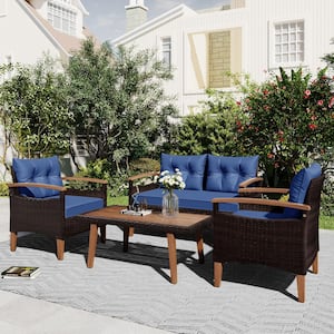 Outdoor 4-Piece Patio Wicker Furniture Conversation Set with Blue Cushions and Wood Coffee Table