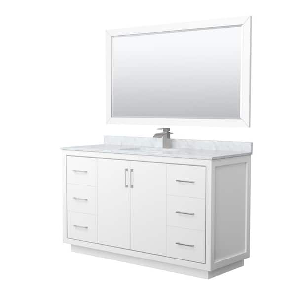 Wyndham Collection Icon 60 in. W x 22 in. D x 35 in. H Single Bath Vanity in White with White Carrara Marble Top and 58" Mirror