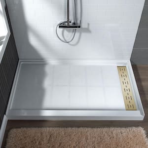 Krasik 48 in. L x 36 in. W Alcove Solid Surface Shower Pan Base with Right Drain in White with Brushed Gold Cover