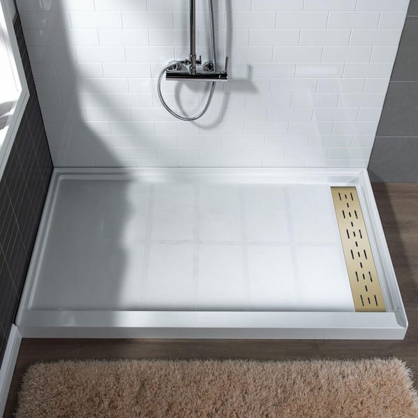 WOODBRIDGE Krasik 48 in. L x 36 in. W Alcove Solid Surface Shower Pan Base with Right Drain in White with Brushed Gold Cover