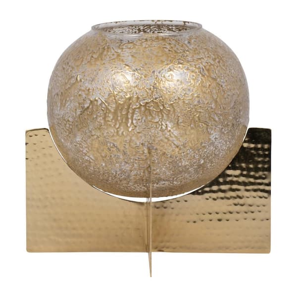 Gold 10 in. Metal and Glass Hurricane Orb Taper Candle Holder