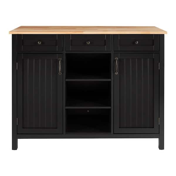 StyleWell Bainport Black Wooden Kitchen Island with Natural Butcher Block Top and Storage (48" W)