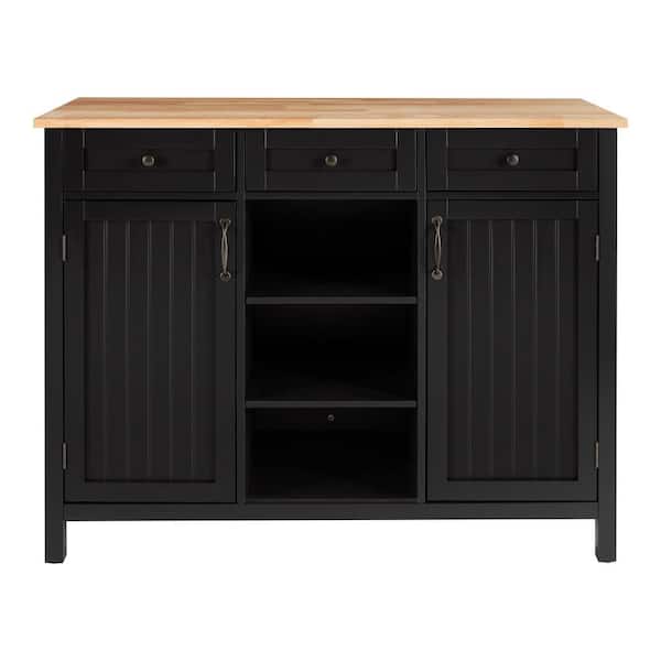Bainport Black Wooden Kitchen Island with Natural Butcher Block Top and Storage (48" W)