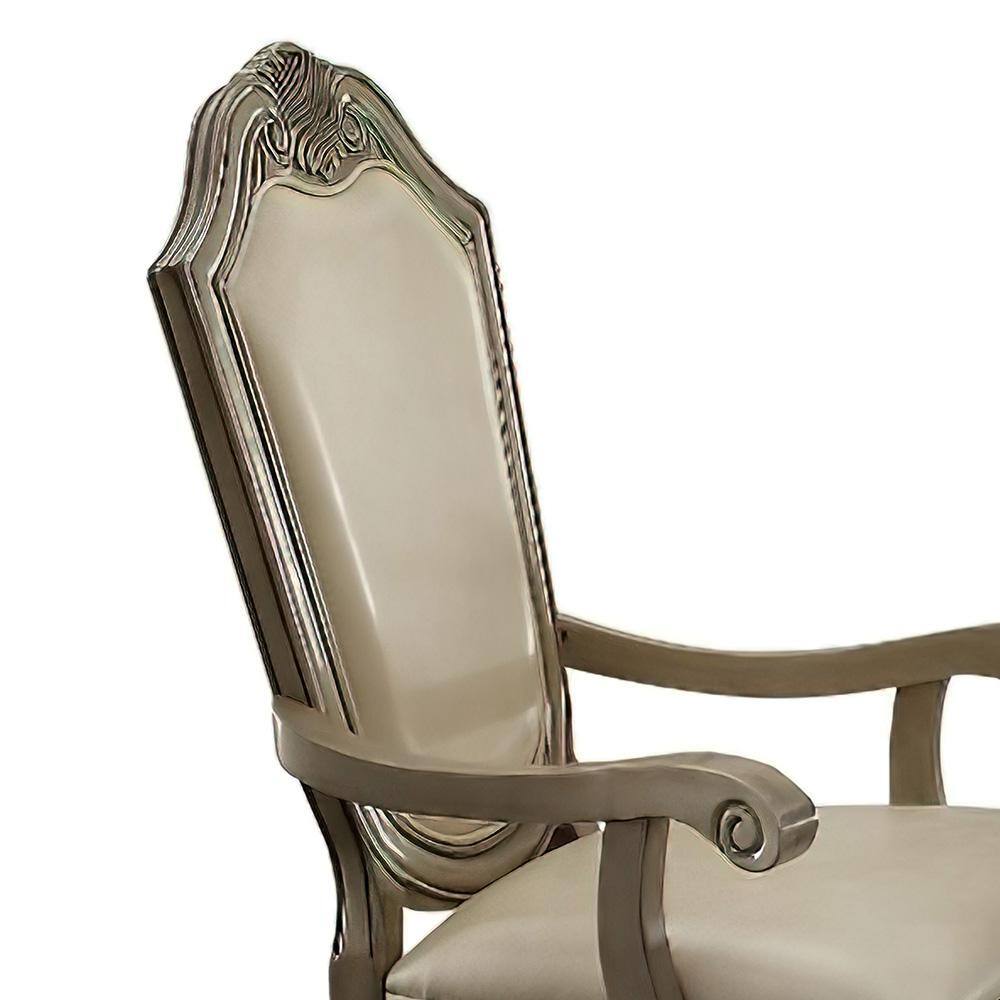 Antique White High Back Leather Arm Chair with Wood Frame