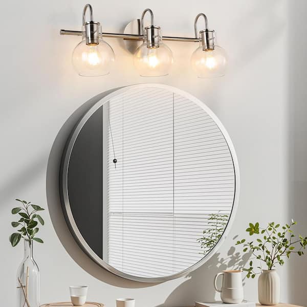 22.04 in. 3-Light Nickel Bathroom Vanity Light with Clear Glass Shade for Bathroom Modern Wall Sconce