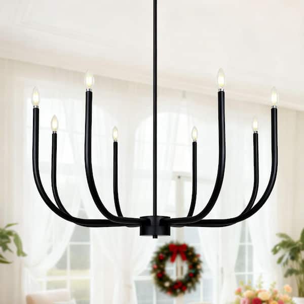 Traditional 8-Light Matte Black Candlestick Chandelier for Dining Room Kitchen Island Farmhouse Oversized Hanging Light