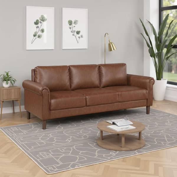 Benjara Lo Mid Century 32 in. Wide Roller Arm Faux Leather Rectangle Sofa in Dark Brown BM336150