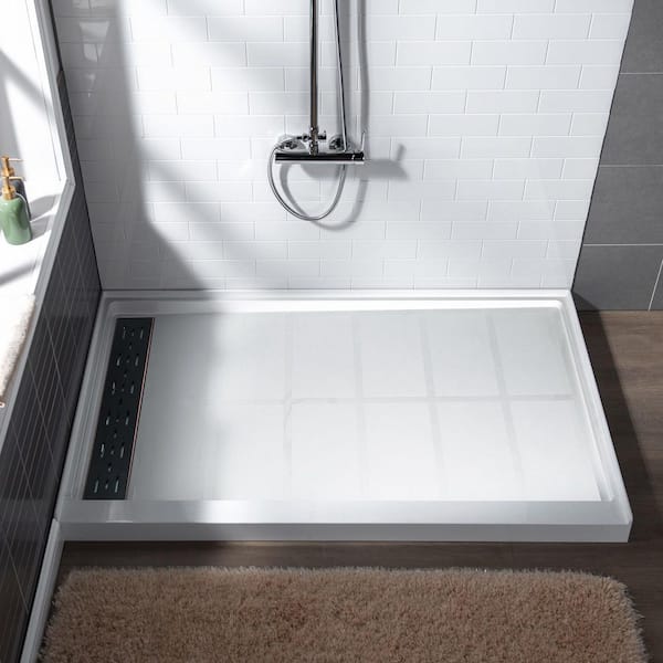 WOODBRIDGE Krasik 48 in. L x 36 in. W Alcove Solid Surface Shower Pan Base with Left Drain in White with Oil Rubbed Bronze Cover